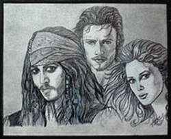 The characters from the Movie Pirates of the Carabbean are captured here in Charcoal and graphite.