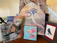 Variety of pieces of Art, Raven, Hummingbird, Egyptian Imaginary art