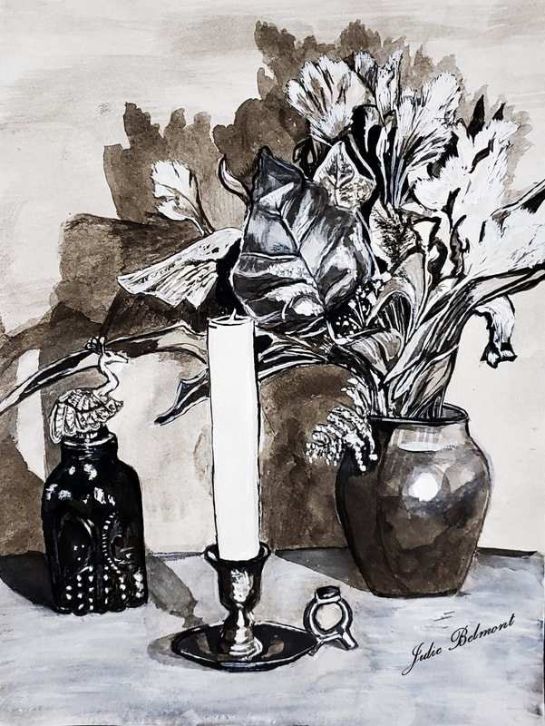 This Still Life collage of a candle a beautiful glass bottle and a vase holding flowers was created with Pen and Inkwash.