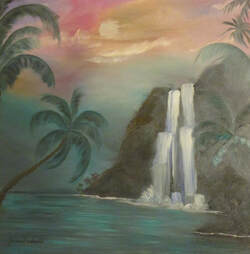 Aloha Falls, water falls in a tropical scene at Sunset or Sunrise.
