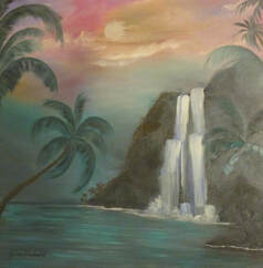 Aloha Falls is an Oil painting of a tropical island with a magestic waterfall