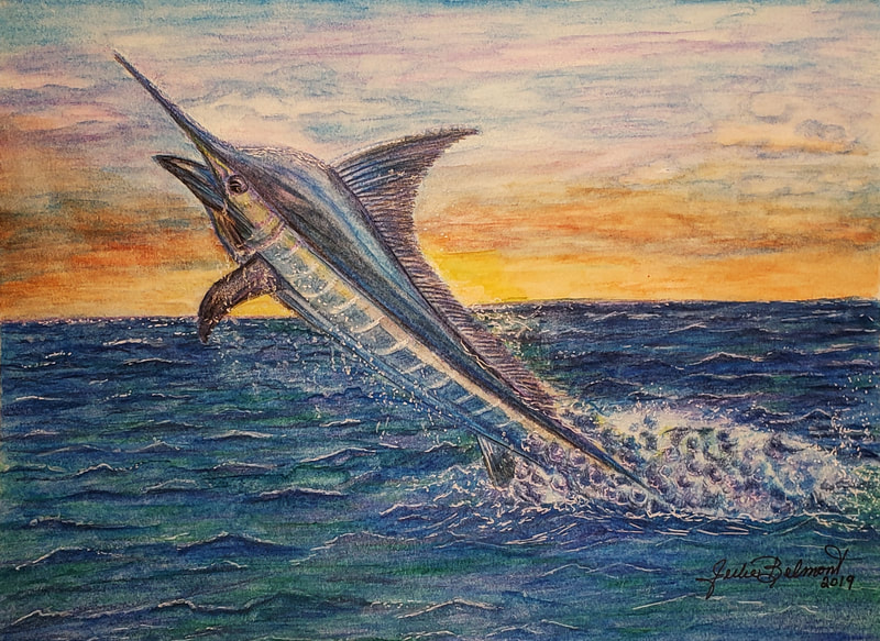 Marlin the Merlin depicts an active fish frolicking in the ocean. Created appropriately in Water Color