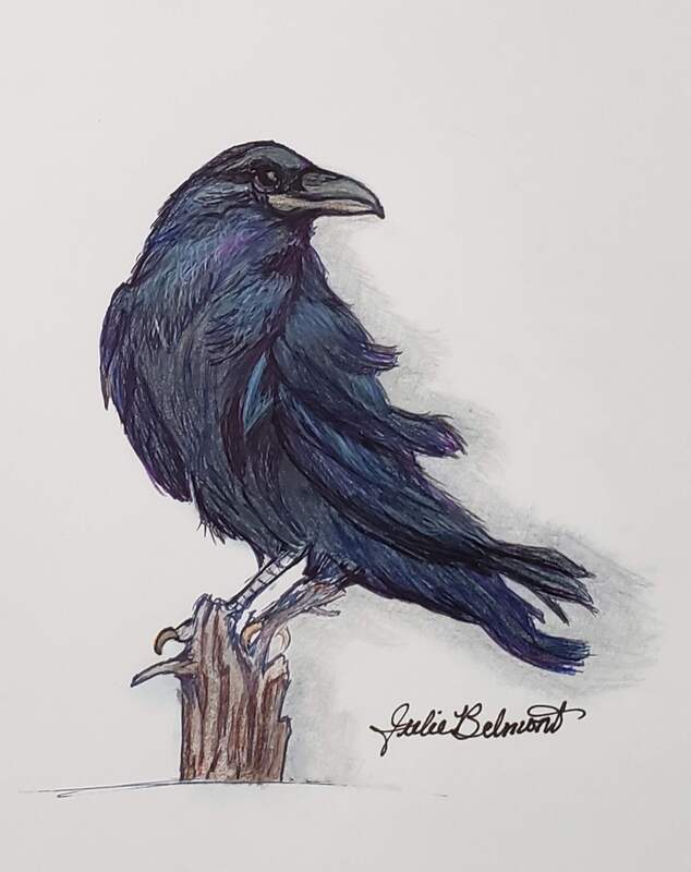 This magestic Raven perching on the rugged pole was created with Color Pencils and Ink Pens.
